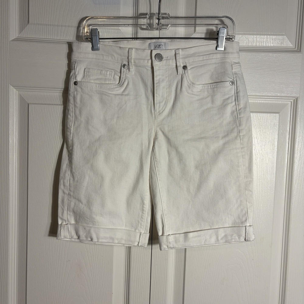 LOFT Outlet Bermuda Shorts Women 2 White Denim Cuffed Cotton Blend Mid Rise Jean